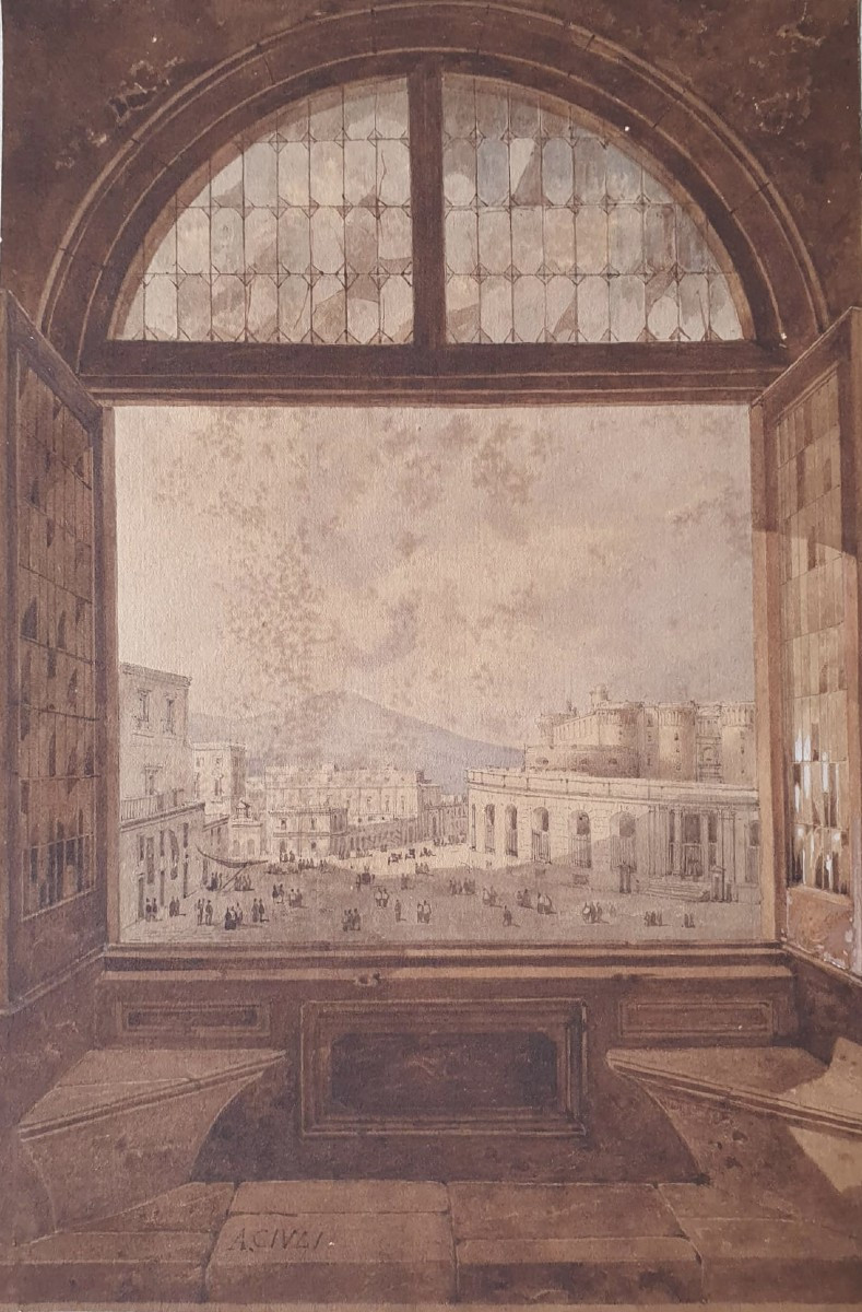 Veduta della Gran Guardia di Cavalleria da Piazza Municipio a Napoli