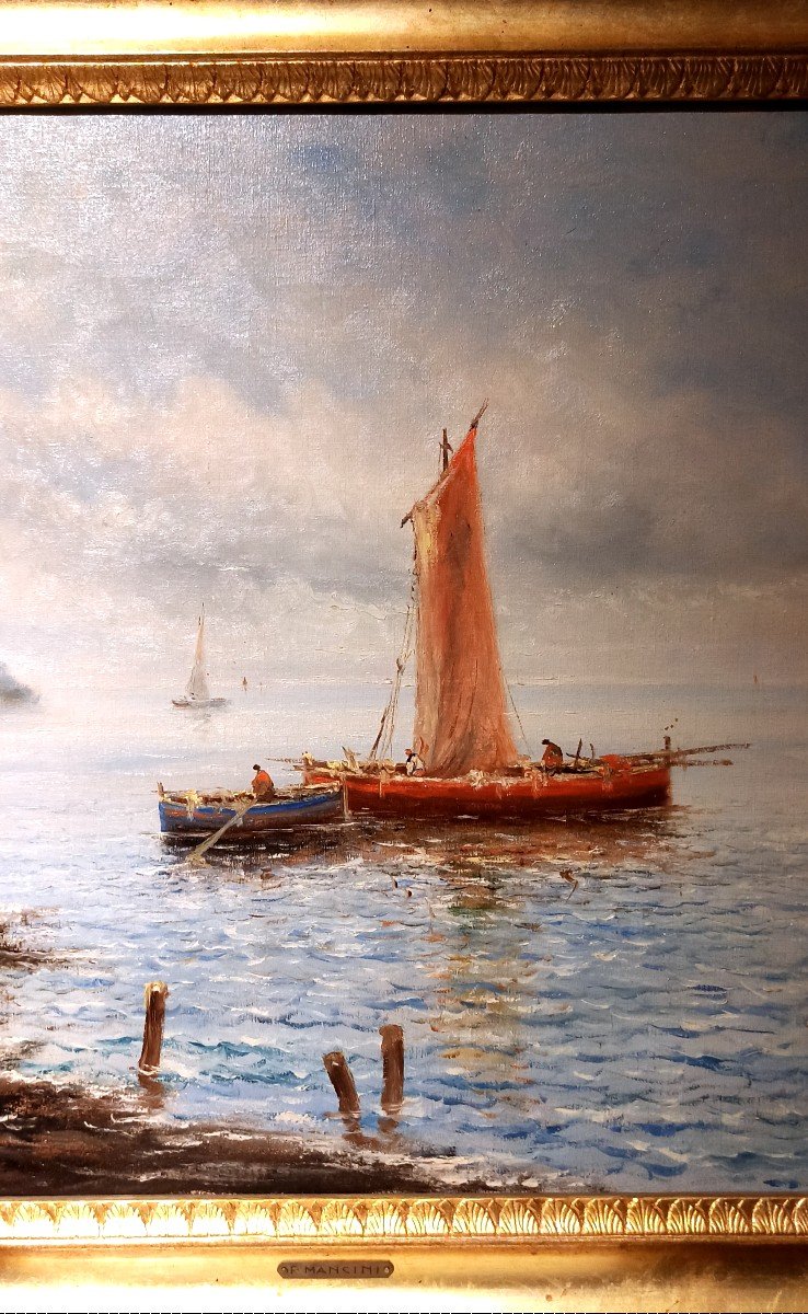 Coppia di paesaggi costieri napoletani con barche e pescatori.-photo-3