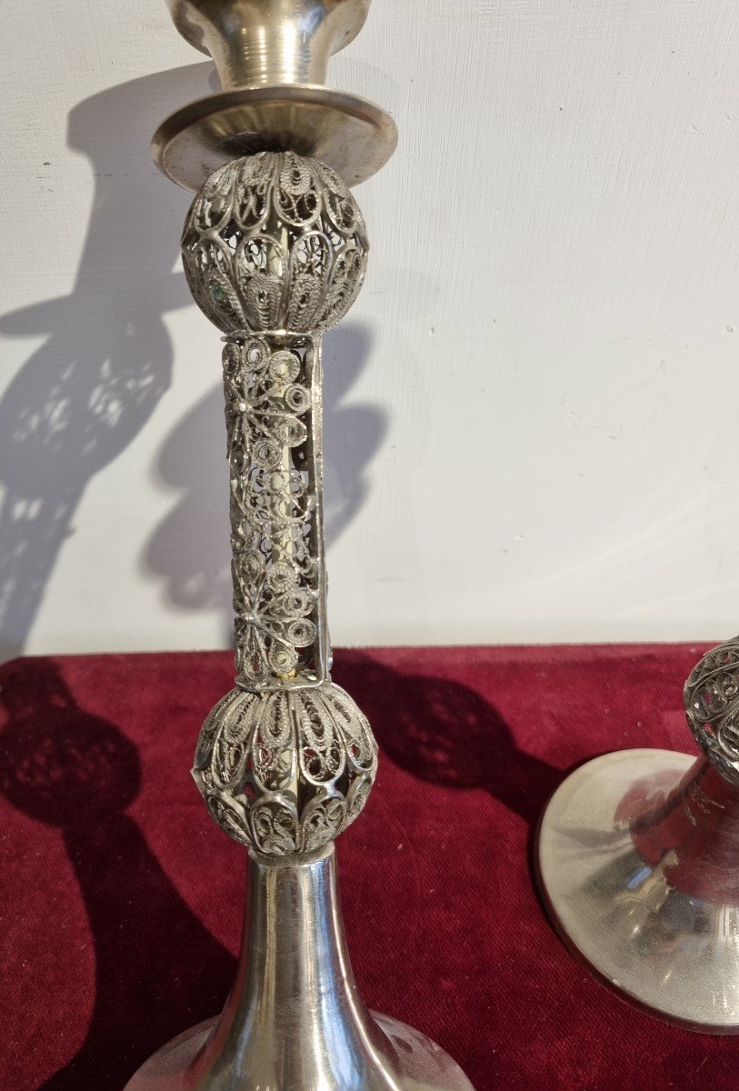 Coppia di candelieri in argento e metallo -photo-3