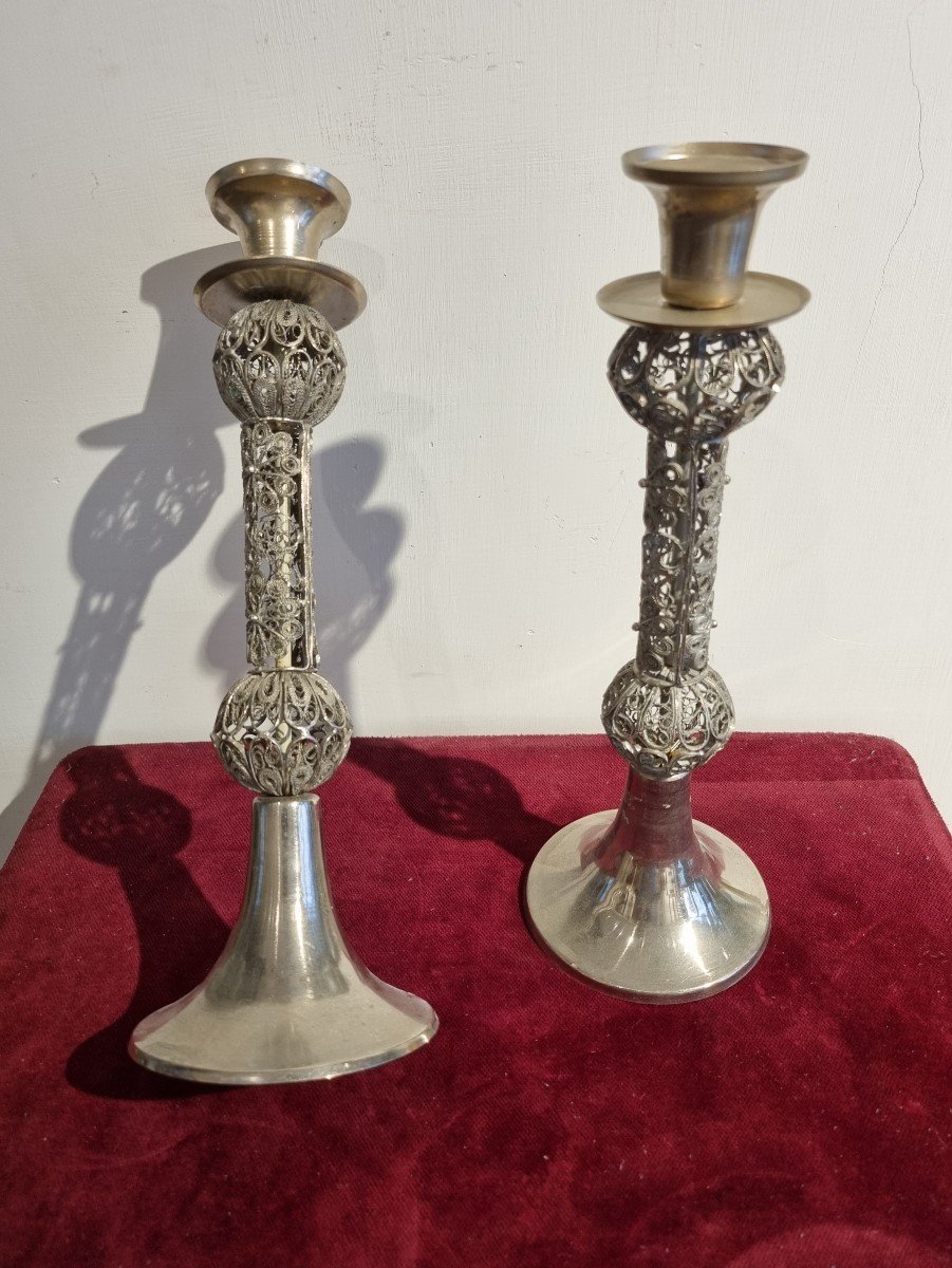 Coppia di candelieri in argento e metallo -photo-4