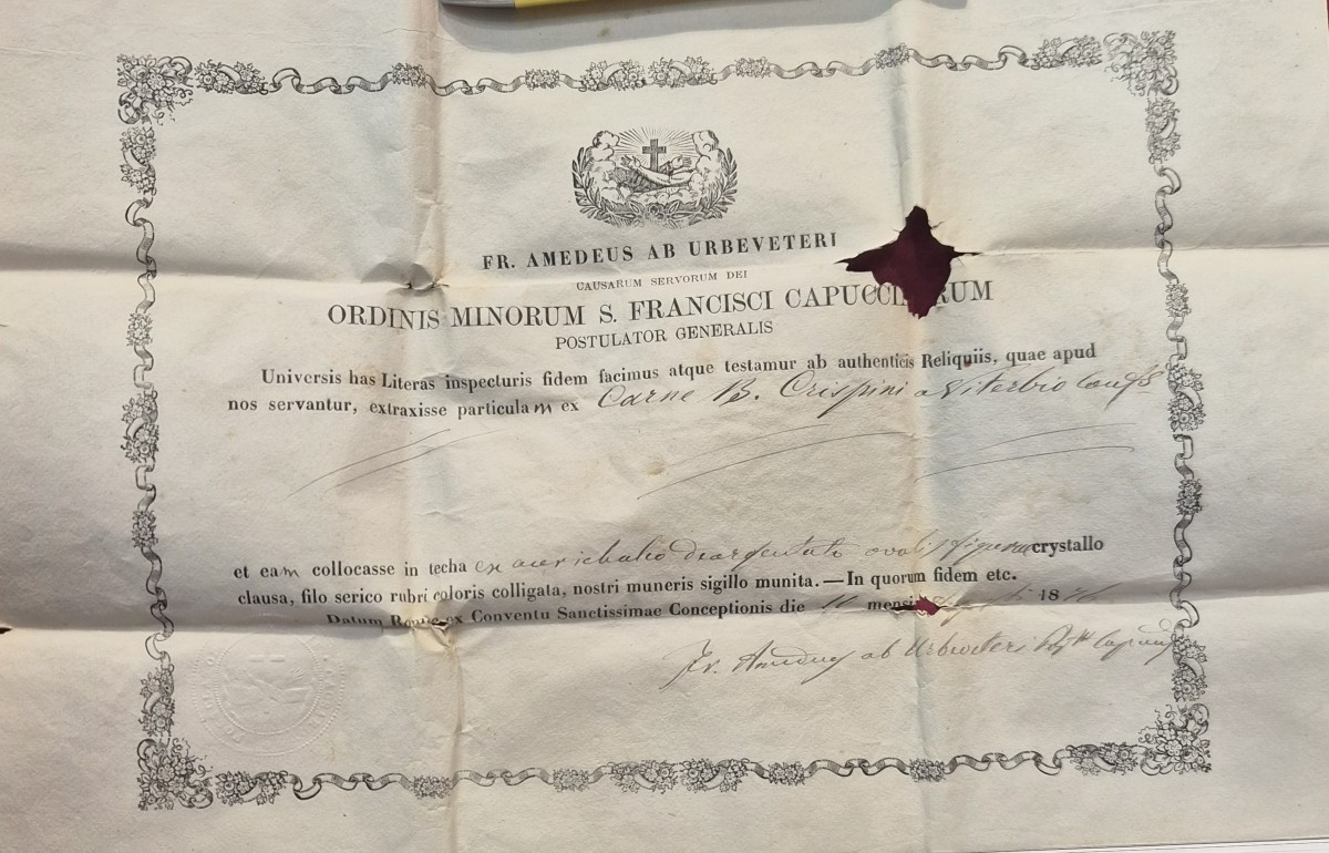 Reliquia di San Crispino da Viterbo con autentica del 1876, ex Carne S.Crispini a Viterbo-photo-4