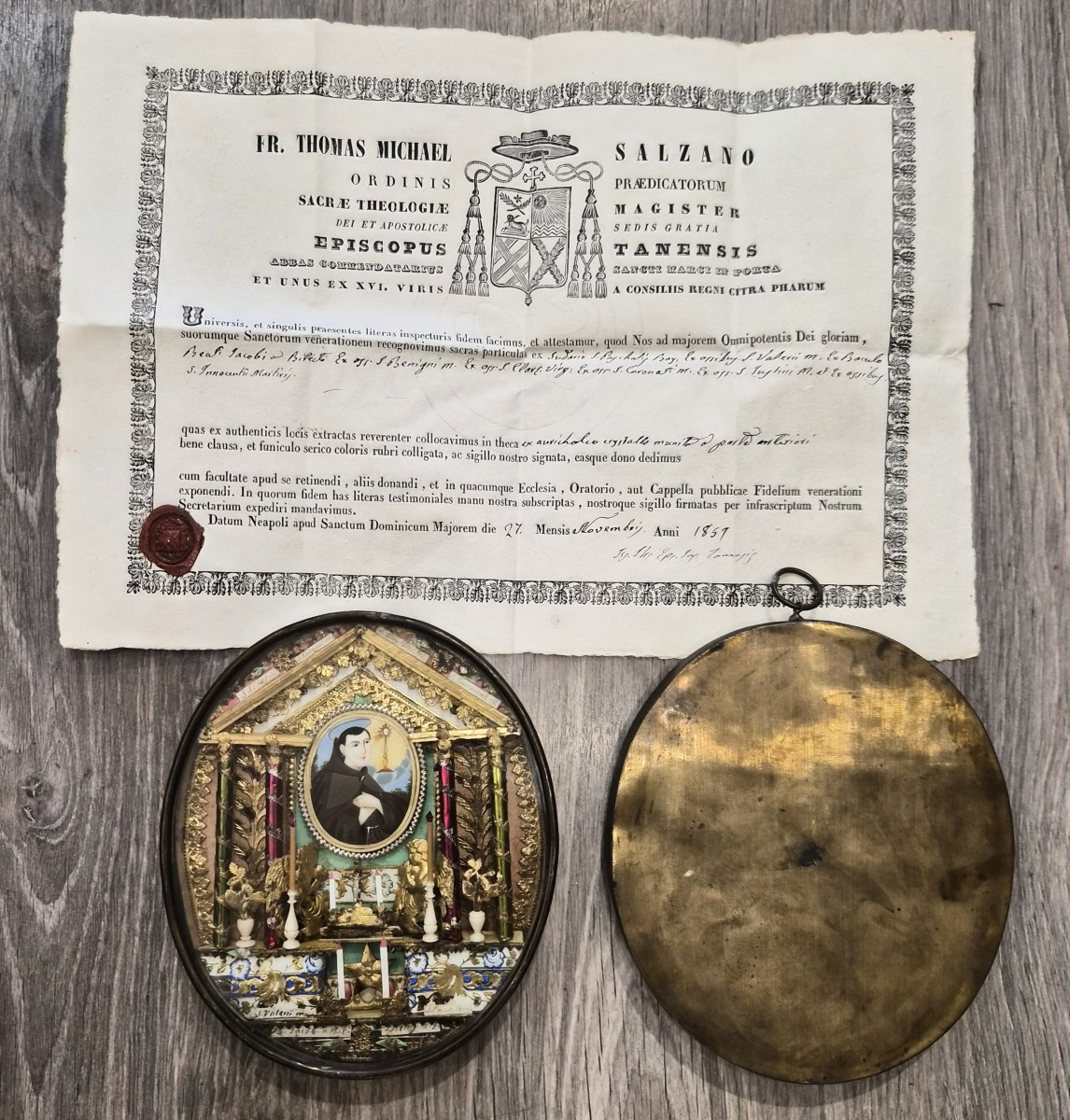 Grande Reliquiario con immagine di San Pasquale de Baylon e 8 reliquie, certificazione dat.1859
