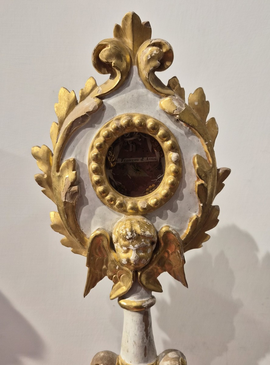 Reliquiario a ostensorio in legno laccato e dorato di San Francesco D'Assisi.-photo-2