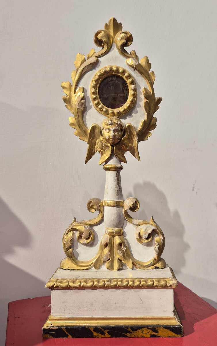 Reliquiario a ostensorio in legno laccato e dorato di San Francesco D'Assisi.-photo-1
