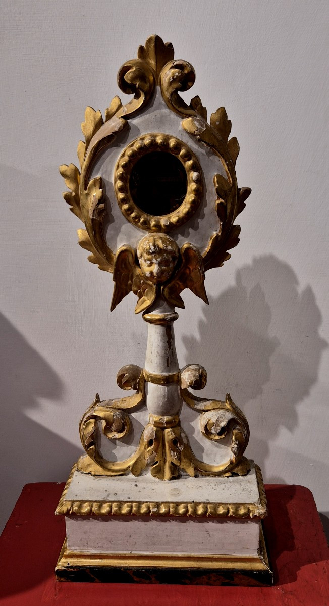 Reliquiario a ostensorio in legno laccato e dorato di San Francesco D'Assisi.-photo-5