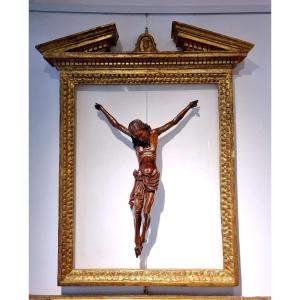 Cristo italiano in legno scolpito,su cornice ad edicola