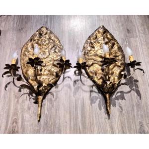 Coppia di appliques in carta pesta dorata