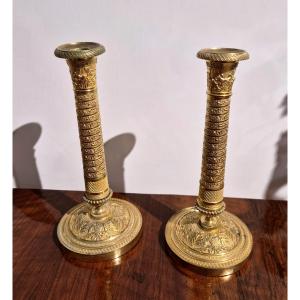 Coppia di candelieri in bronzo dorato, Impero