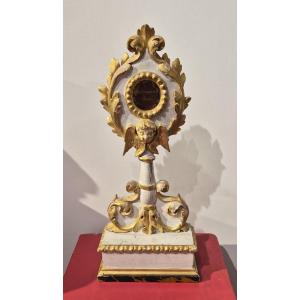 Reliquiario a ostensorio in legno laccato e dorato di San Francesco D'Assisi.