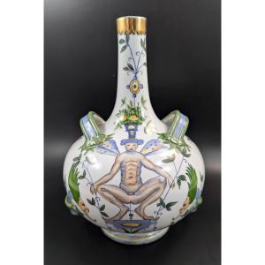 Antique French Armorial Double-handled Faience Flask, 19th Century