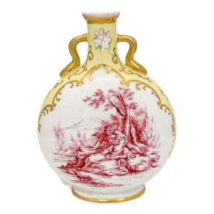 19th Century Coalport Porcelain Double Handed Vase Pilgrim Flask With Gallant Scene