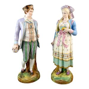 Antique French 1870's Louis Philippe Limoges Bisque Porcelain Pair Of Young Man And Woman