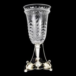 Mid-victorian Mappin & Webb Glass Celery Vase Engraved With Ferns On Silver Plated Swan Stand