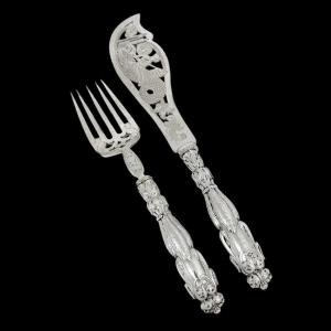 Antique Mid-victorian Sterling Silver Fish Server Set Embossed With Renaissance Sea Monsters