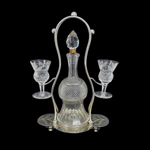 Victorian Edinburgh Crystal 'thistle' Decanter Set, 2 Cordial Glasses, Silver Plated Stand