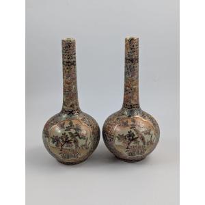 Antique Handpainted Bud Vases, Satsuma, Signed By Gyokushū, Meiji Period 