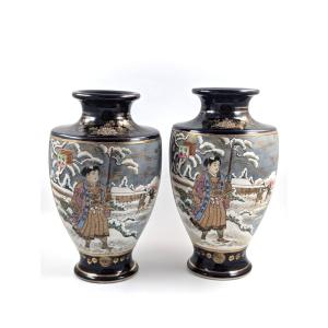 Antique Hand-painted Pair Of Satsuma Vases, Japan, Meiji Period