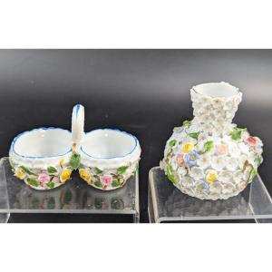 Porcelain Encrusted Vase And Salt Cellar By Bohne Söhne Rudolstadt, C. 1880.