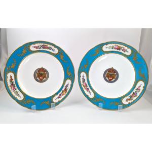 Antique Minton Cabinet Porcelain Armorial Plates, C.1860.