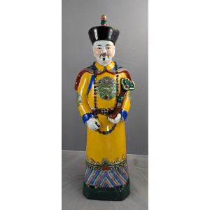 Antique Large Chinese Earthenware Figurine Of Emperor, Qing Dynasty