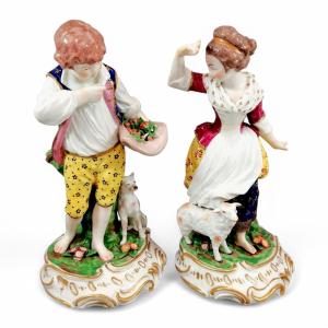 Pair Of Samson Porcelain Figurines After Derby, 19th Century, With Dog And Sheep