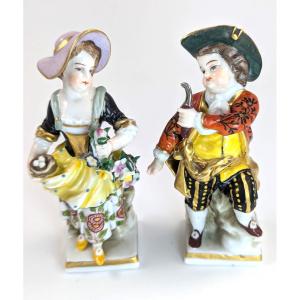 Antique Porcelain Figurines Of Farmer And Gardener, In Chelsea Style,  19th 