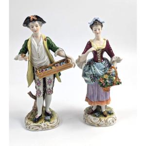 Porcelain Figurines Of Flower Sellers By Volkstedt, Germany