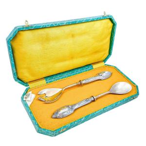 Cased 1940's Portuguese 0.83 Silver Salad Serving Fork And Spoon In Original Presentation Box