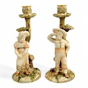 Rare Royal Worcester Porcelain Candlesticks Of Boy And Girl By James Hadley, 1887