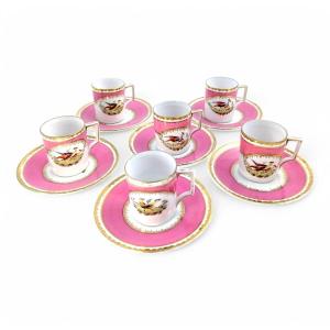 Rare Victoria Austria Porcelain Coffee Set For 6, Chelsea Style, Rose And Gold, Early 20th C