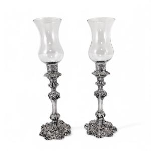 Antique 1790's Old Sheffield Plate Tall Candlesticks With Hurricane Glass Shades