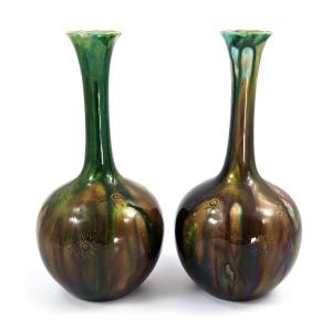 Rare Burmantofts Faience Sunburst Bottle Vases, C. 1880