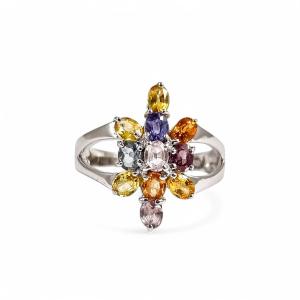 9ct White Gold Floral Cluster Ring With Six-colour Multicolour Sapphires, 2 Ct Total, N 1/2