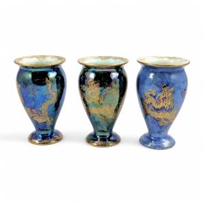 Rare Wedgwood Lustre Bud Vase Trio, Daisy Makeig-jones Dragons, C. 1915 Model Z4831