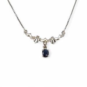 18ct White Gold Art Deco Italian Sapphire Necklace, Fluted Centre And Box Chain, 0.5 Ct