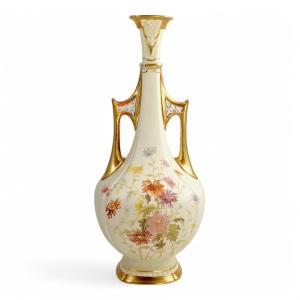 Royal Worcester Porcelain Vase, Hand-painted Chrysanthemums, Pierced Gilt Handles, 1890