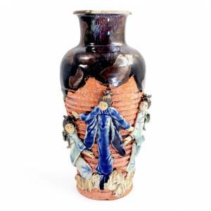 Sumida Gawa Japanese Vase With Child Figure, Oxblood Glaze, Signed Hiroshi, C. 1900