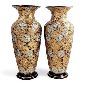 Royal Doulton Lambeth Slater’s Patent Stoneware Vases With Enamel Floral Décor, C. 1910