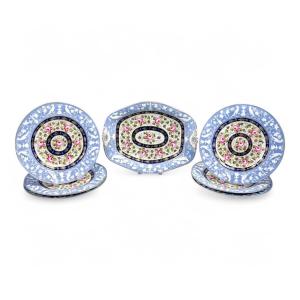 Rare New Hall Staffordshire Dessert Set, Resist Moulded Powder Blue Borders, Roses, C. 1820