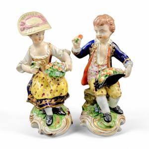Pair Of Derby Porcelain Figurines, Rococo Style, Late 18th Century, Crown Mark