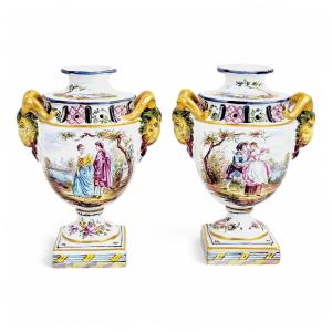 Veuve Perrin Pair Of French Faience Urns, Pastoral Scenes And Gilt Ram’s Head Handles, 18th C