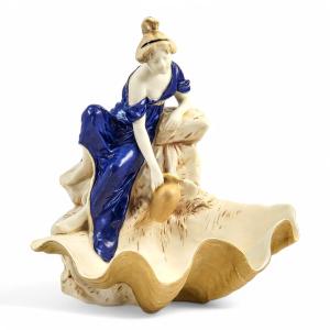 Royal Dux Bohemia Porcelain Centrepiece Of Water Bearer In Giant Clam Shell, C. 1920