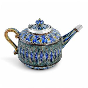Doulton Lambeth Stoneware Teapot With Sterling Silver Mounts, Art Pottery Movement England 1880