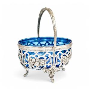Roman Plewkiewicz Silver-plated Basket With Sapphire Blue Glass Liner, Louis XVI Style, C 1900