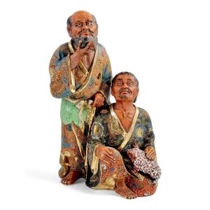 Rare Meiji Kutani Figural Group Of Gama Sennin And Disciple With Toad, Japan, C. 1880