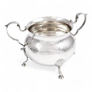 Large Antique Sterling Silver Sugar Bowl With Hoof Feet, Late Victorian Style, Sheffield 1899