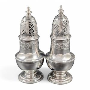 Rare Pair Of George II Sterling Silver Sugar Casters Or Sifters, Charles Alchorne, London 1737