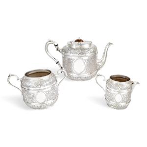 Victorian Three-piece Silver Plated Tea Set, Rococo Revival And Aesthetic Movement, C 1880s