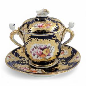 Coalport Pembroke Chocolate Cup & Saucer, John Rose, 1810, Winged Harpy Handles, Hand-painted