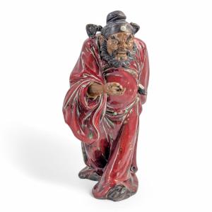 Large Shiwan Pottery Figure Of A Warrior With Sword, Oxblood Glaze, China, C. 1950s